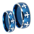 Multiple Fleur De Lis Dome Brushed Blue 2 Tone Tungsten Engagement Ring Set