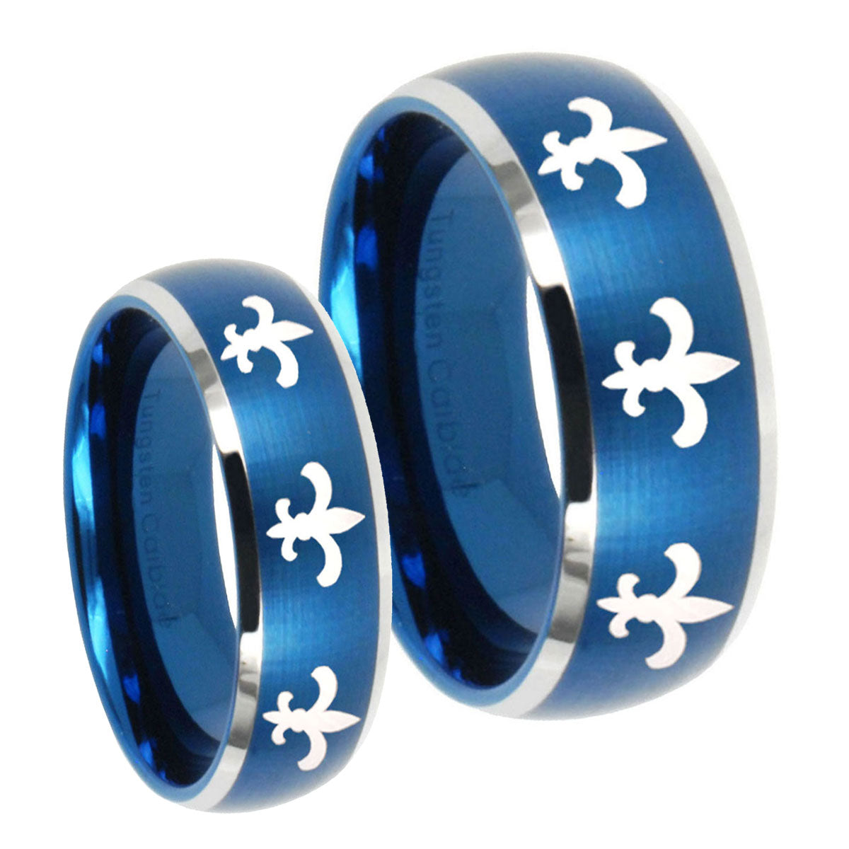 Multiple Fleur De Lis Dome Brushed Blue 2 Tone Tungsten Engagement Ring Set