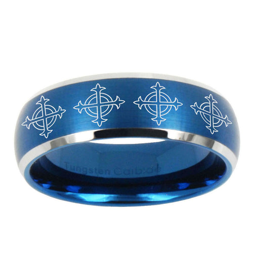10mm Multiple Crosses Dome Brushed Blue 2 Tone Tungsten Wedding Bands Ring