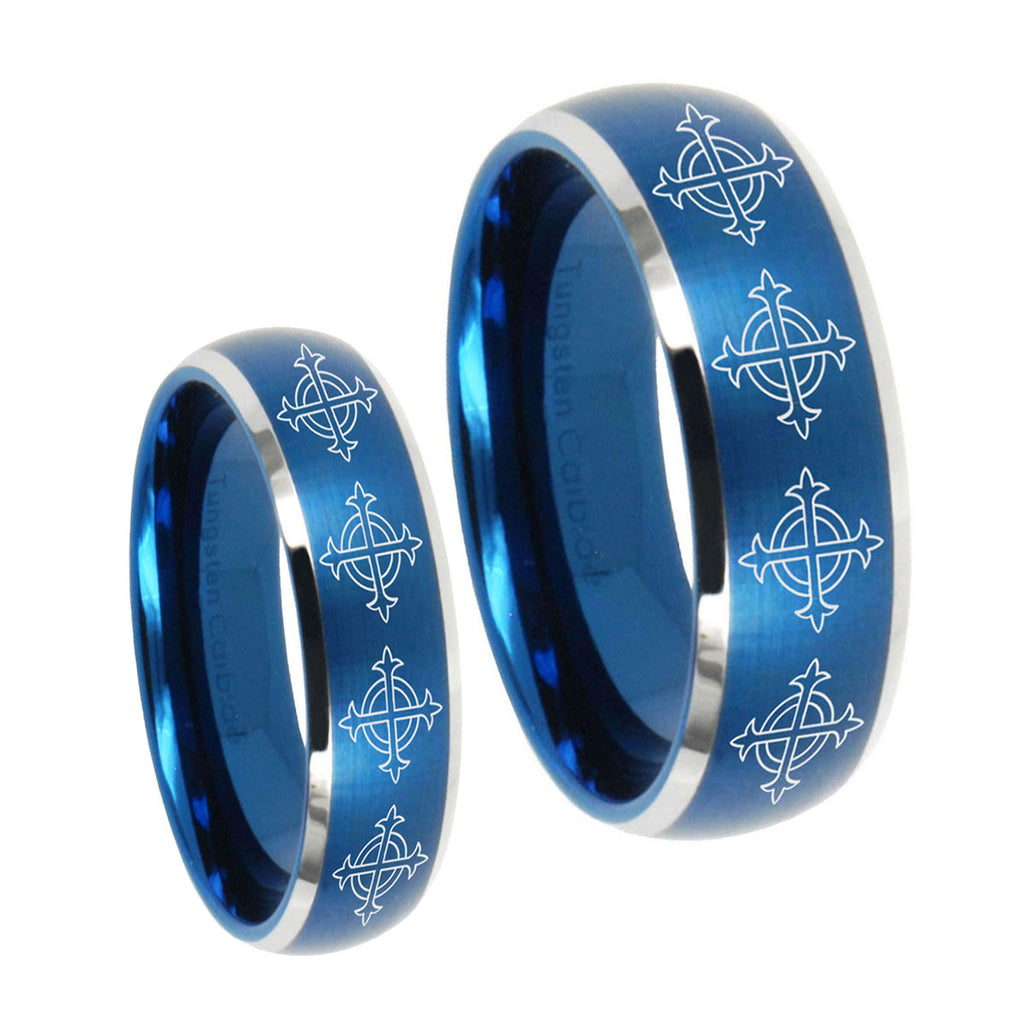 Multiple Crosses Dome Brushed Blue 2 Tone Tungsten Wedding Ring Sets