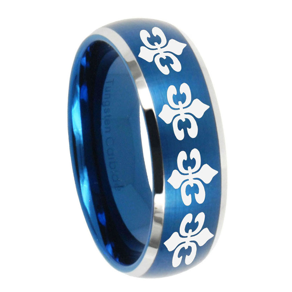 10mm Multiple Fleur Delis Dome Brushed Blue 2 Tone Tungsten Men's Bands Ring