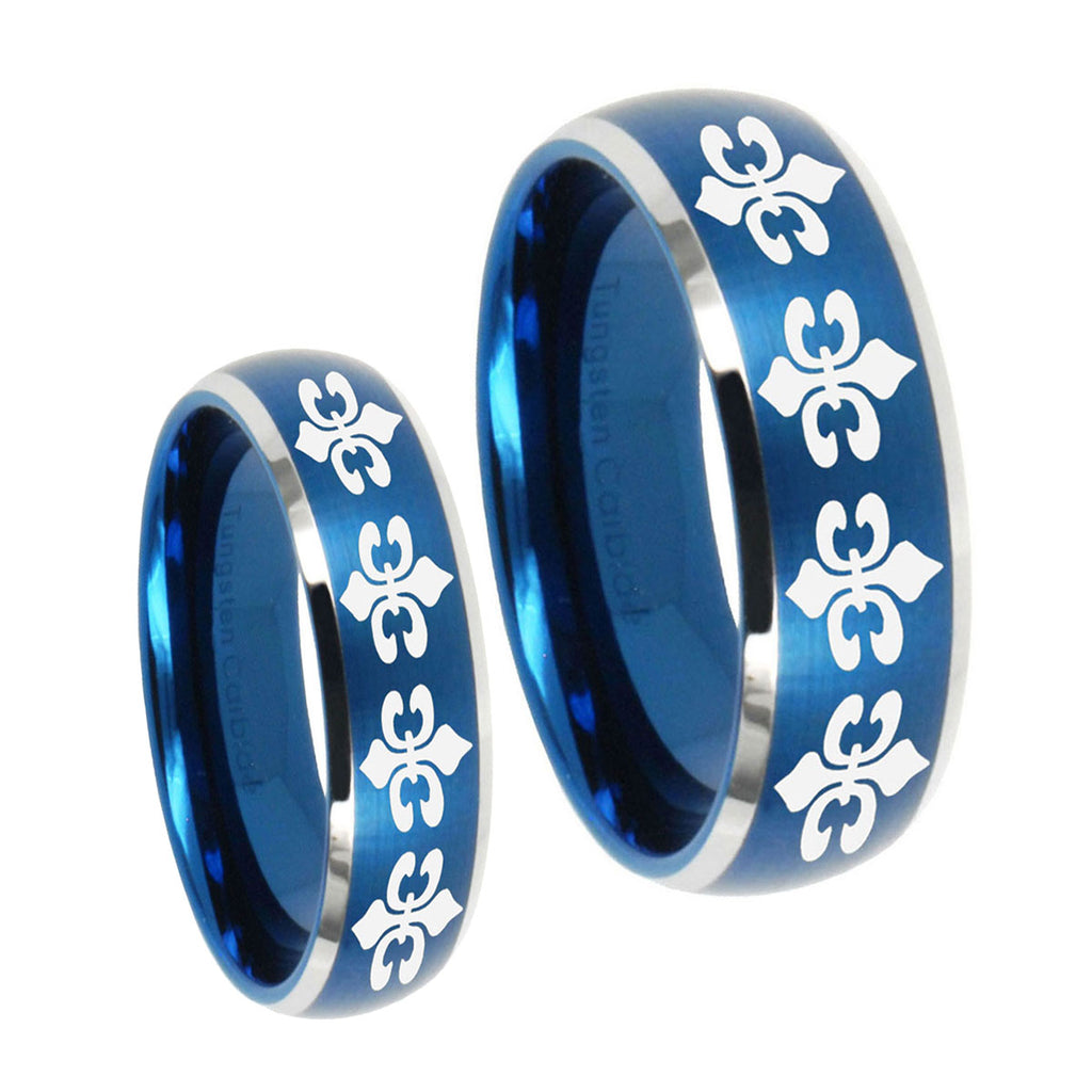 Multiple Fleur De Lis Dome Brushed Blue 2 Tone Tungsten Bridal Set Rings