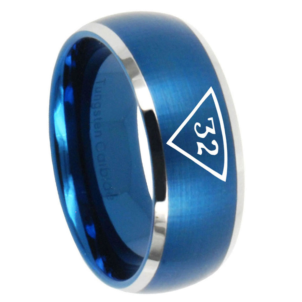 8MM Masonic 32 Triangle Freemason Dome Brush Blue 2 Tone Tungsten Ring