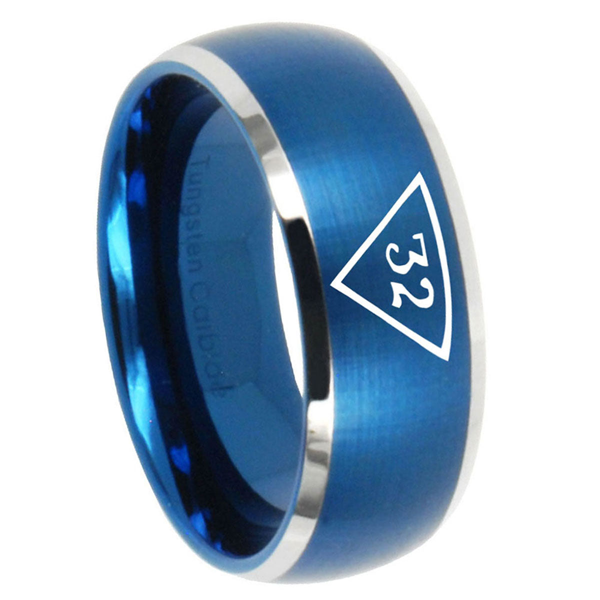 8MM Masonic 32 Triangle Freemason Dome Brush Blue 2 Tone Tungsten Ring