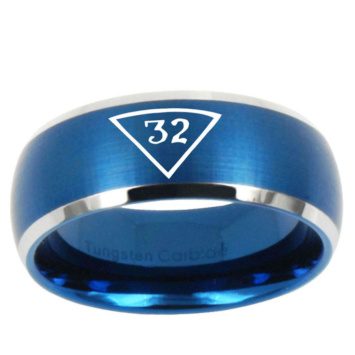 10mm Masonic 32 Triangle Freemason Dome Brushed Blue 2 Tone Tungsten Ring