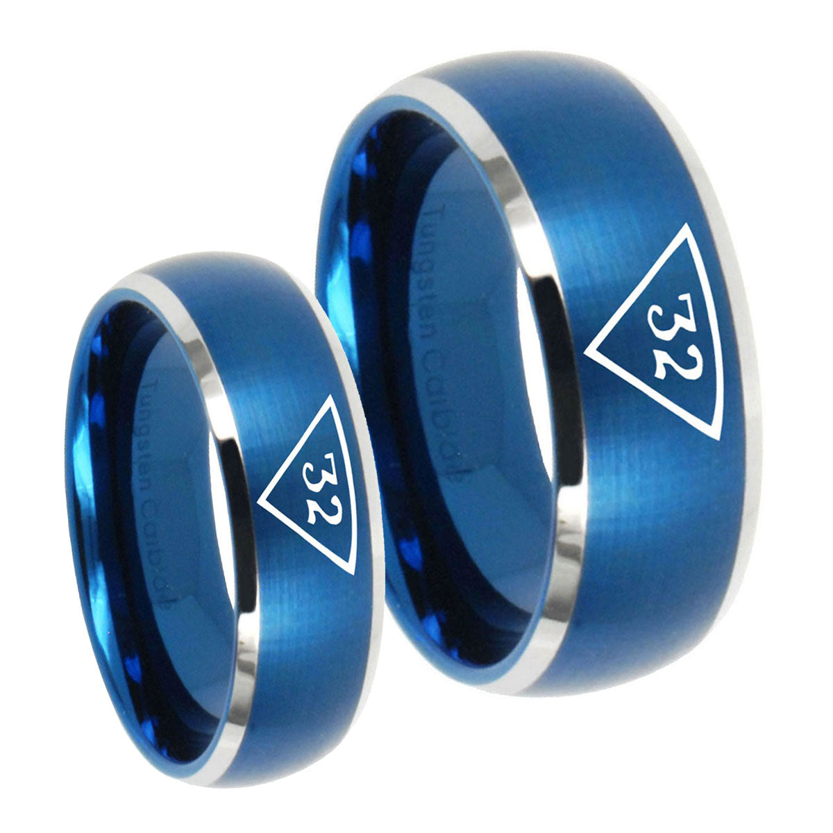 Masonic 32 Triangle Freemason Dome Brushed Blue 2 Tone Tungsten Bridal Set Ring