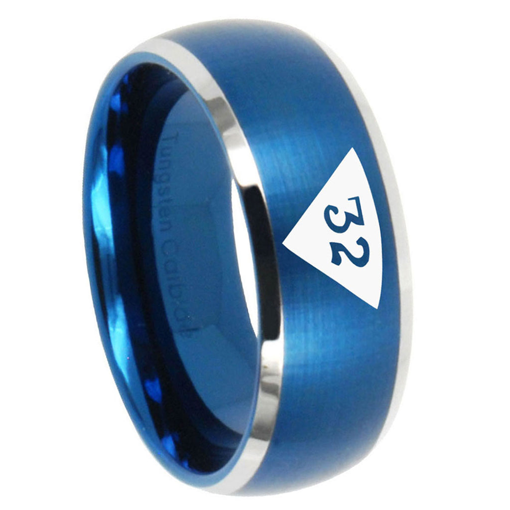 8MM Masonic 32 Triangle Design Freemason Dome Brush Blue 2 Tone Tungsten Ring