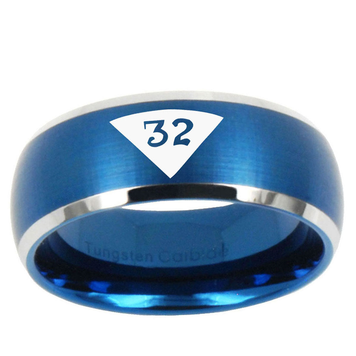 10mm Masonic 32 Triangle Design Freemason Dome Brushed Blue 2 Tone Tungsten Ring