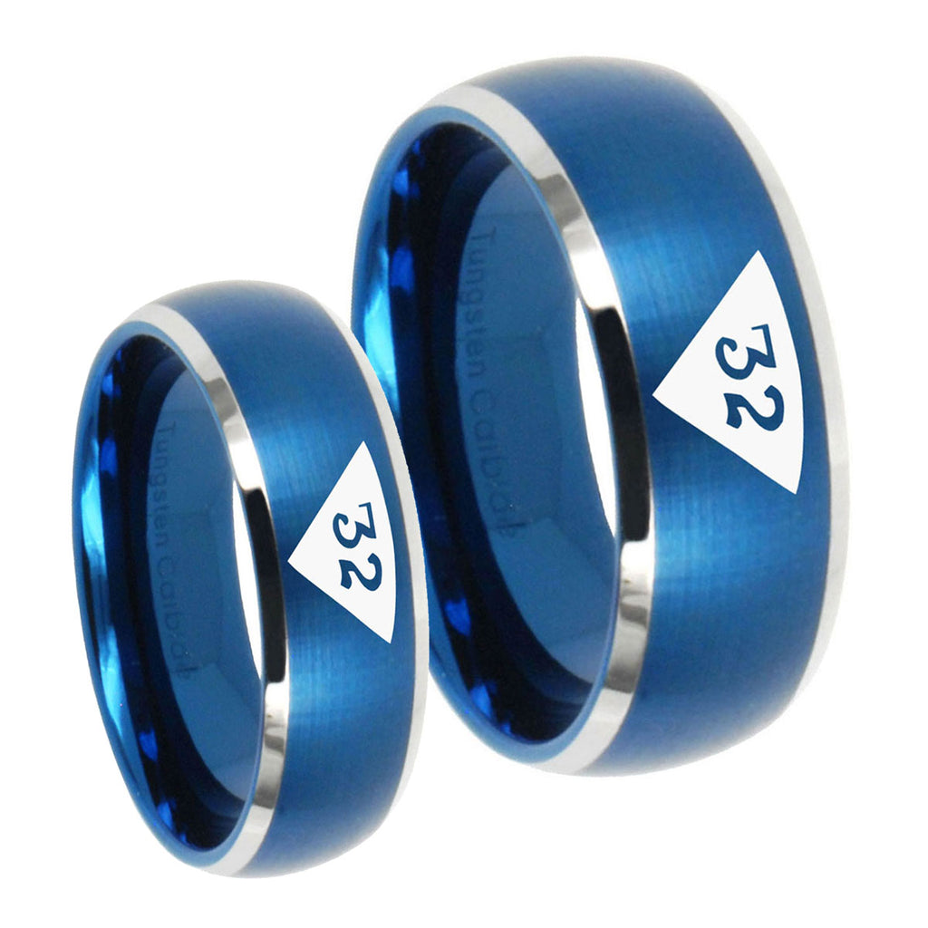 Masonic 32 Triangle Design Freemason Dome Brushed Blue 2 Tone Tungsten His And Hers Ring