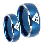 His and Hers Masonic 32 Triangle Design Freemason Dome Brushed Blue 2 Tone Tungsten Anniversary Ring Set