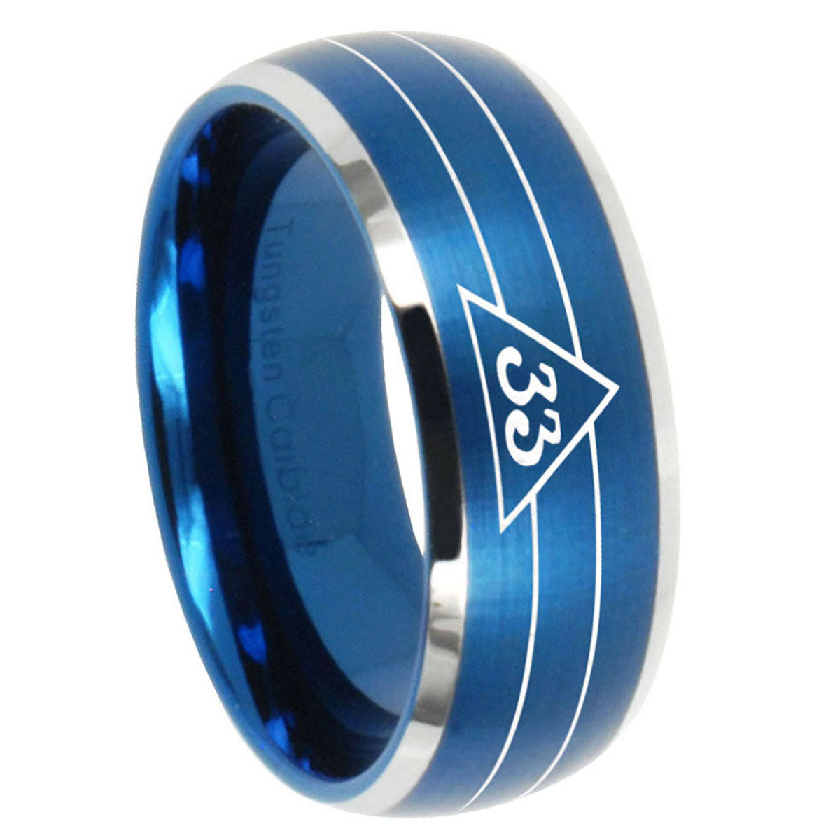 8MM Masonic 32 Duo Line Freemason Dome Brush Blue 2 Tone Tungsten Ring