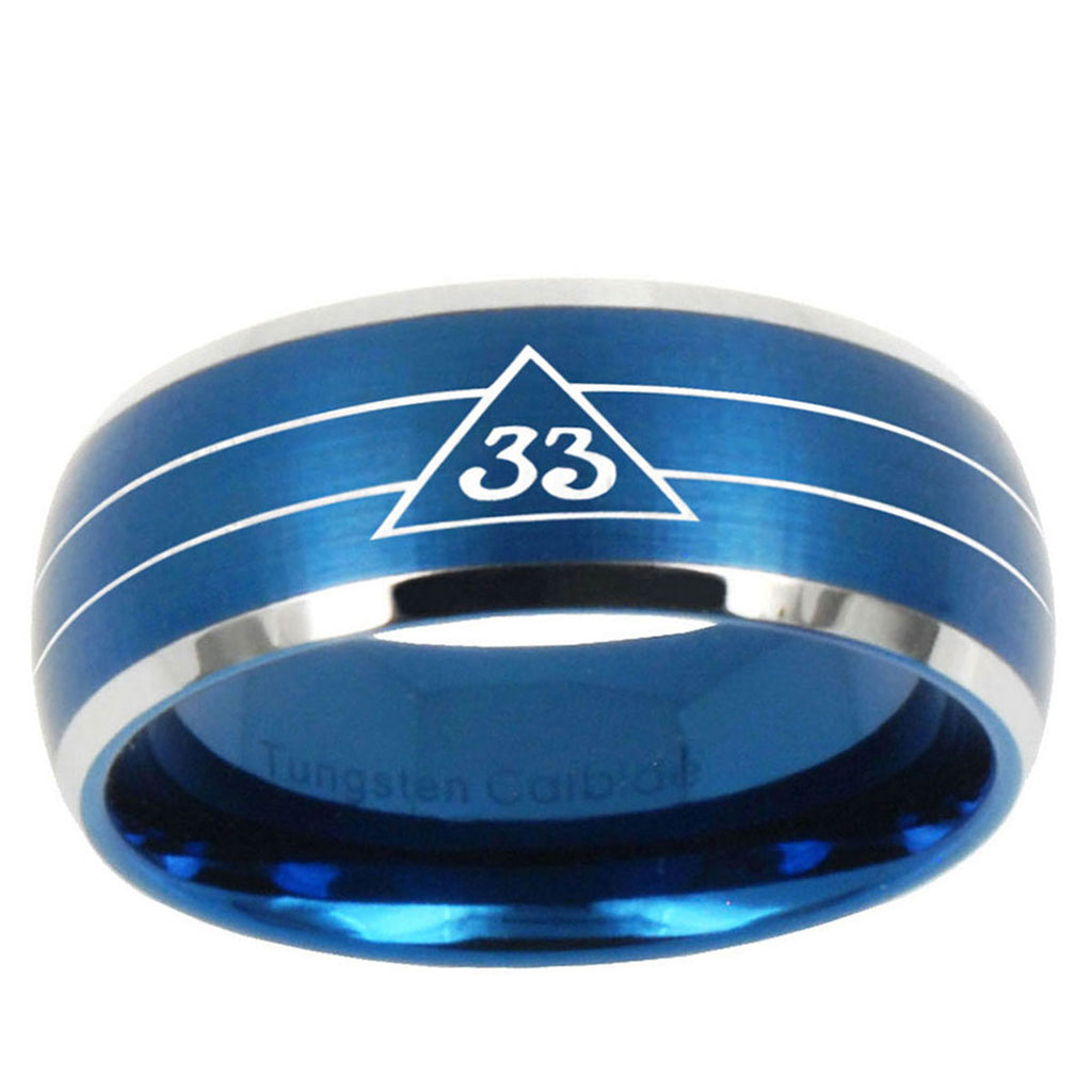 10mm Masonic 32 Duo Line Freemason Dome Brushed Blue 2 Tone Tungsten Ring