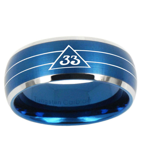 10mm Masonic 32 Duo Line Freemason Dome Brushed Blue 2 Tone Tungsten Ring