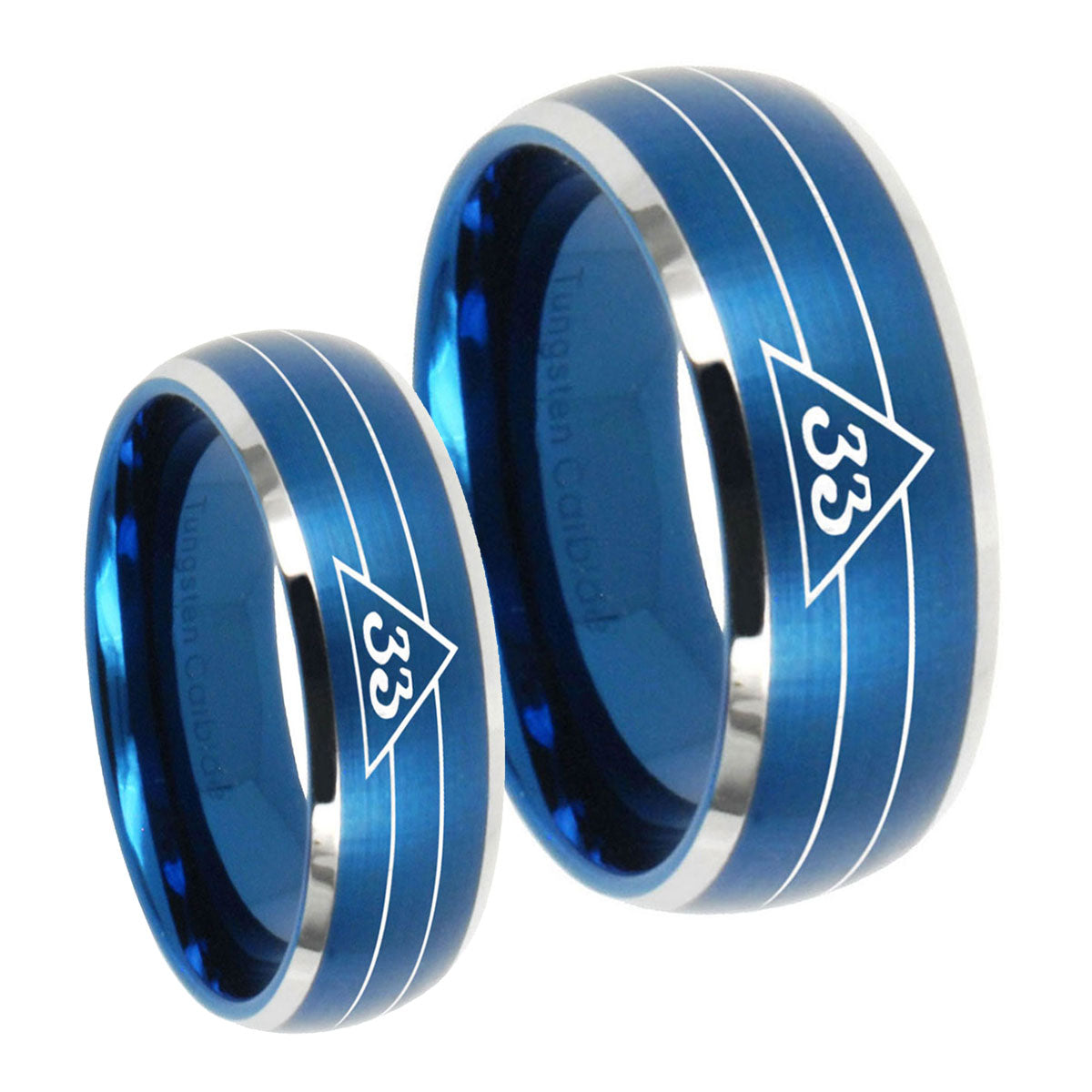 Masonic 32 Duo Line Freemason Dome Brushed Blue 2 Tone Tungsten Couple Wedding Rings