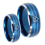His and Hers Masonic 32 Duo Line Freemason Dome Brushed Blue 2 Tone Tungsten Anniversary Ring Set