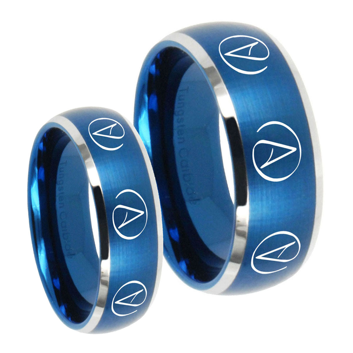 Atheist Design Dome Brushed Blue 2 Tone Tungsten Couples Ring Set