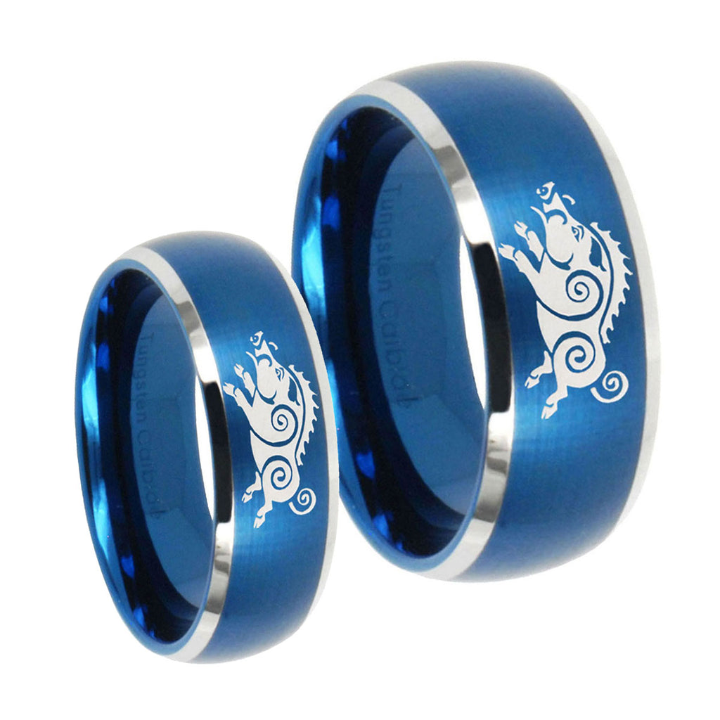 Wild Boar Dome Brushed Blue 2 Tone Tungsten Bridal Ring Set