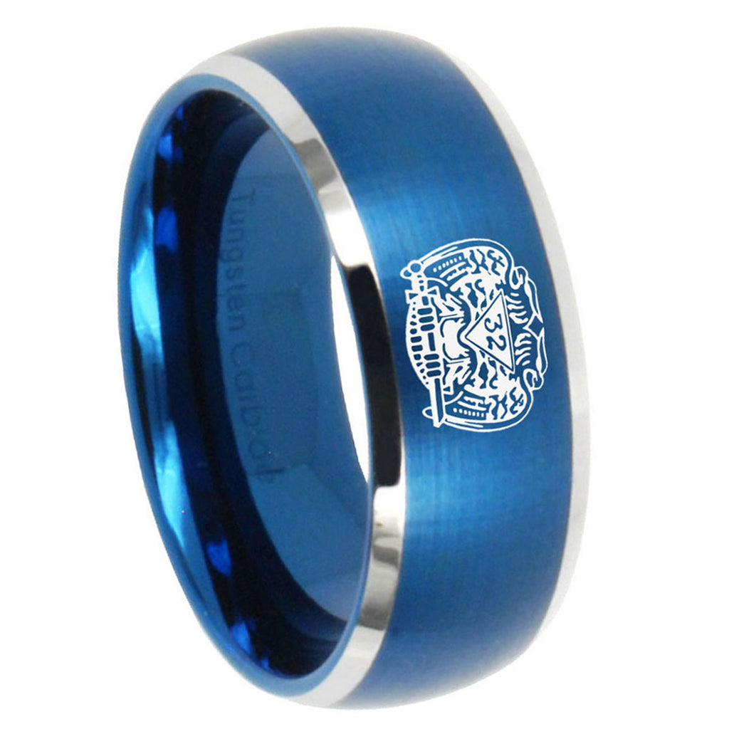 8MM Masonic 32 Degree Freemason Dome Brush Blue 2 Tone Tungsten Ring