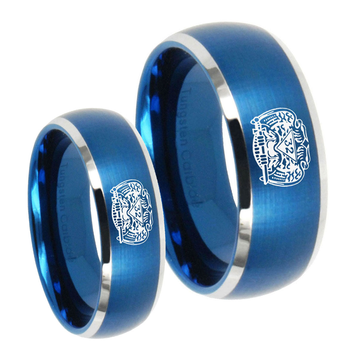Masonic 32 Degree Freemason Dome Brushed Blue 2 Tone Tungsten His Hers Ring Set