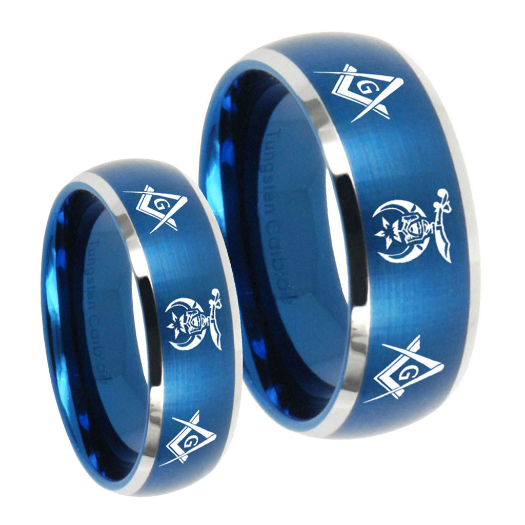 Masonic Shriners Dome Brushed Blue 2 Tone Tungsten Wedding Ring Set
