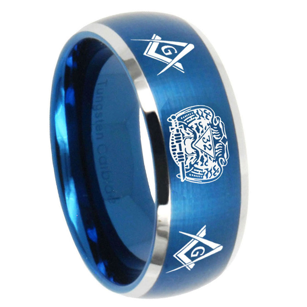8MM Masonic 32 Design Dome Brushed Blue 2 Tone Tungsten Ring