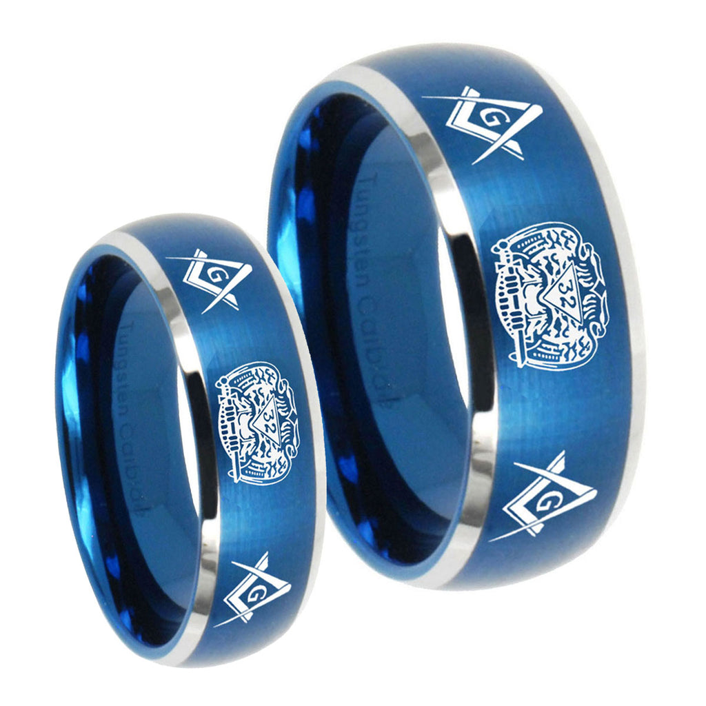Masonic 32 Design Dome Brushed Blue 2 Tone Tungsten Promise Ring Set