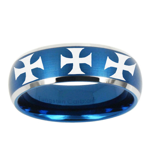 10mm Multiple Maltese Cross Dome Brushed Blue 2 Tone Tungsten Men's Ring