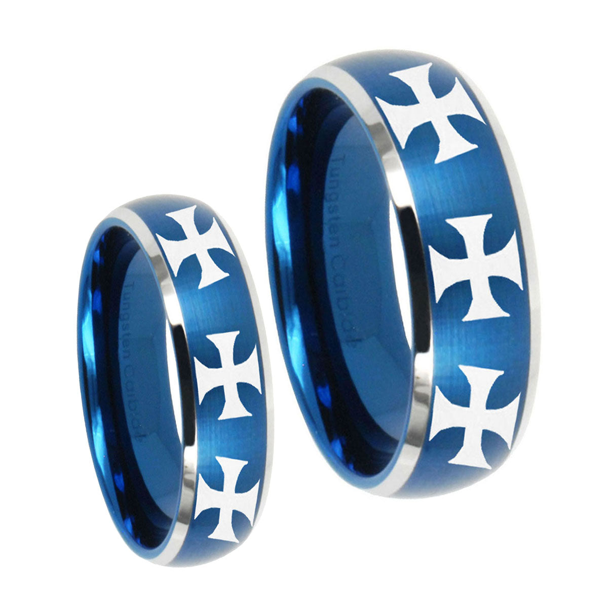 Multiple Maltese Cross Dome Brushed Blue 2 Tone Tungsten Wedding Band Set