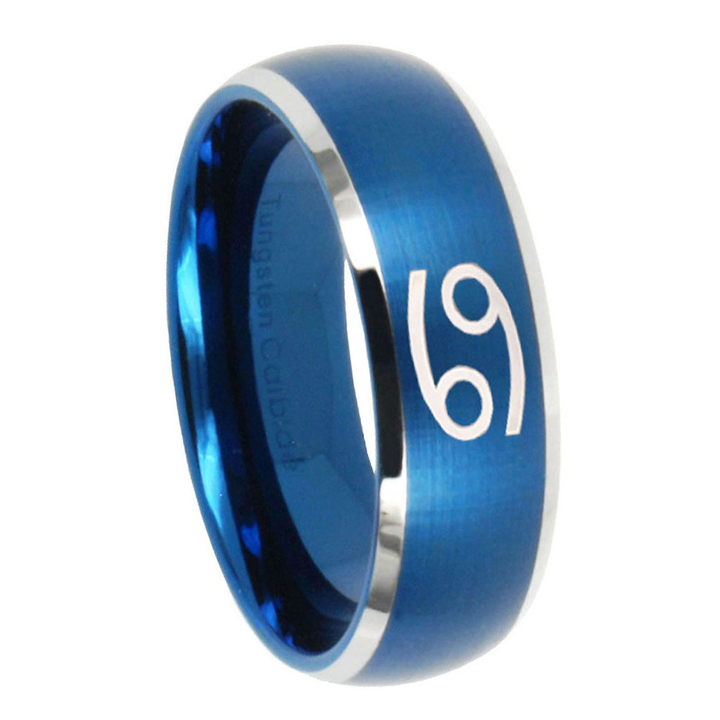 8MM Cancer Horoscope Dome Brushed Blue 2 Tone Tungsten Wedding Band