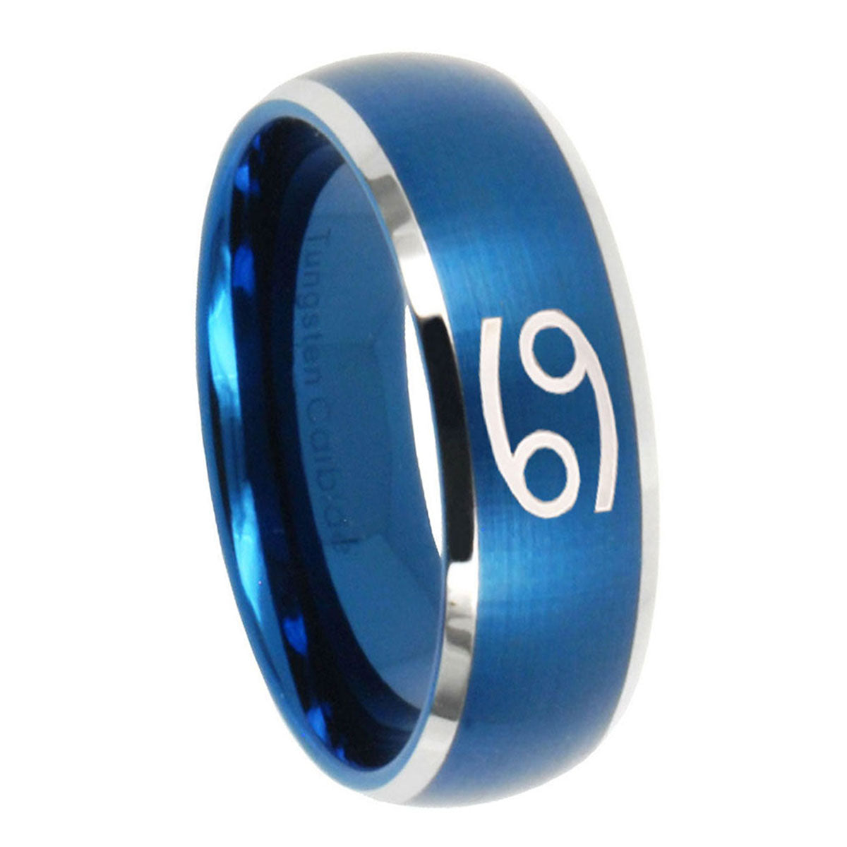 8MM Cancer Horoscope Dome Brushed Blue 2 Tone Tungsten Wedding Band