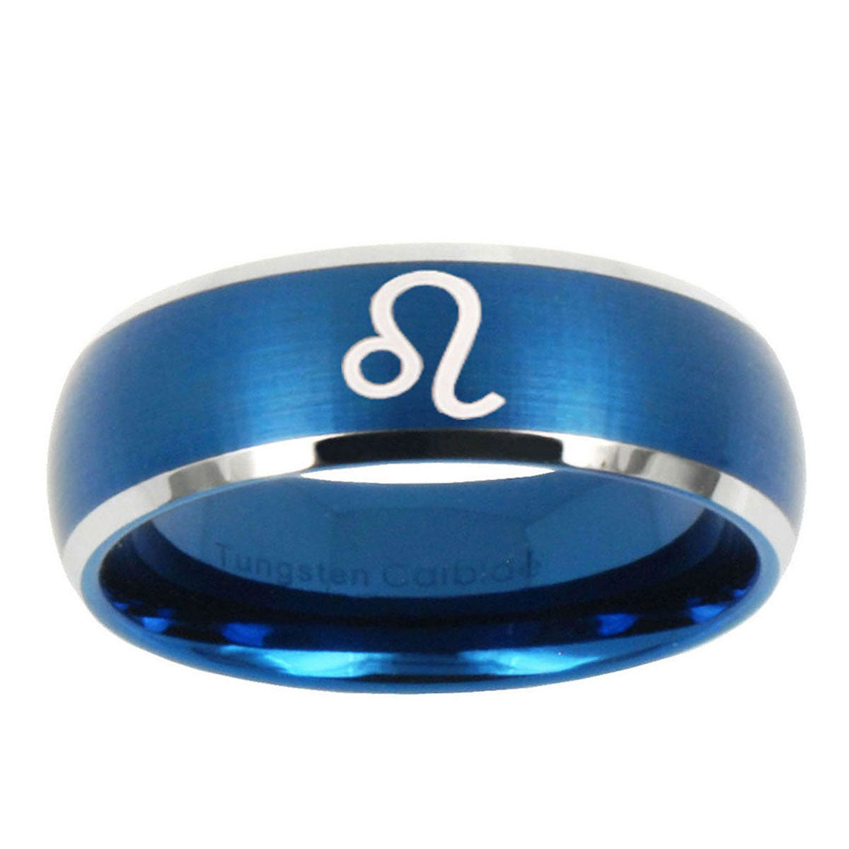 10mm Leo Zodiac Dome Brushed Blue 2 Tone Tungsten Ring