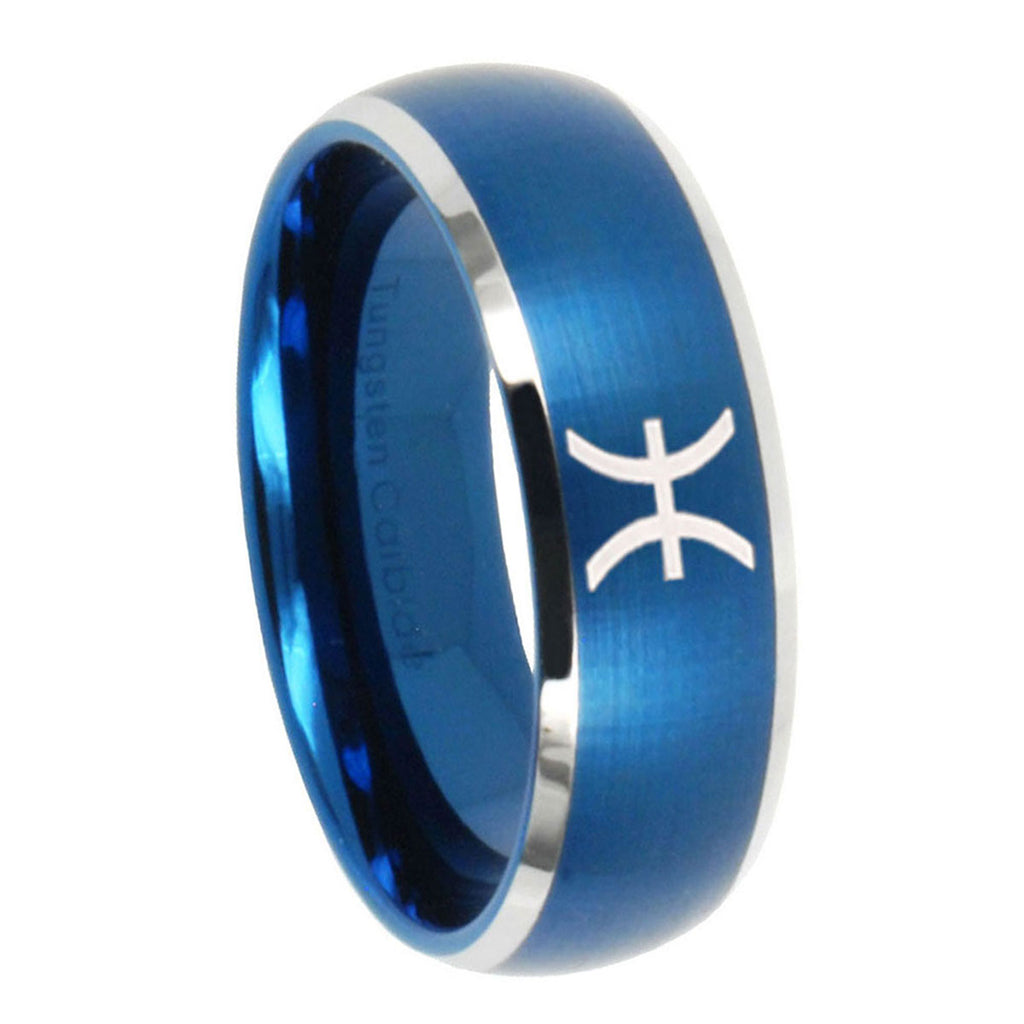 8MM Pisces Zodiac Dome Brushed Blue 2 Tone Tungsten Mens Ring