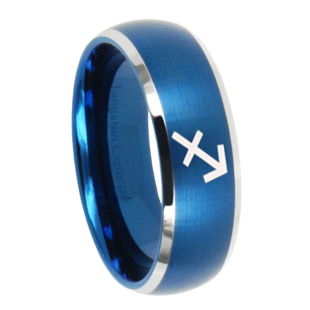 8MM Sagittarius Zodiac Dome Brushed Blue 2 Tone Tungsten Ring