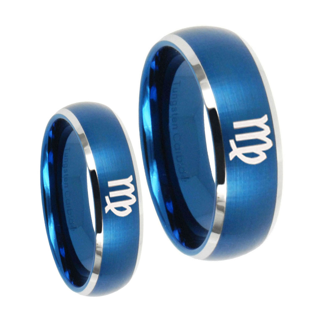 Virgo Zodiac Dome Brushed Blue 2 Tone Tungsten His and Hers