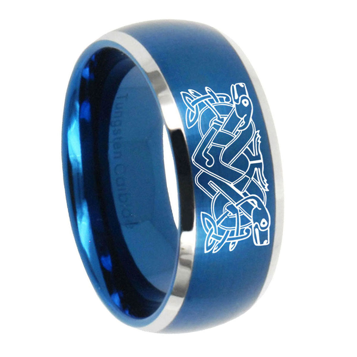 10mm Celtic Dog Dome Brushed Blue 2 Tone Tungsten Mens Wedding Band