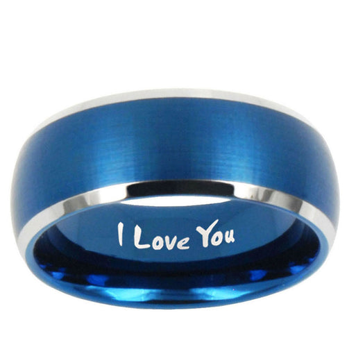 10mm I Love You Dome Brushed Blue 2 Tone Tungsten Ring