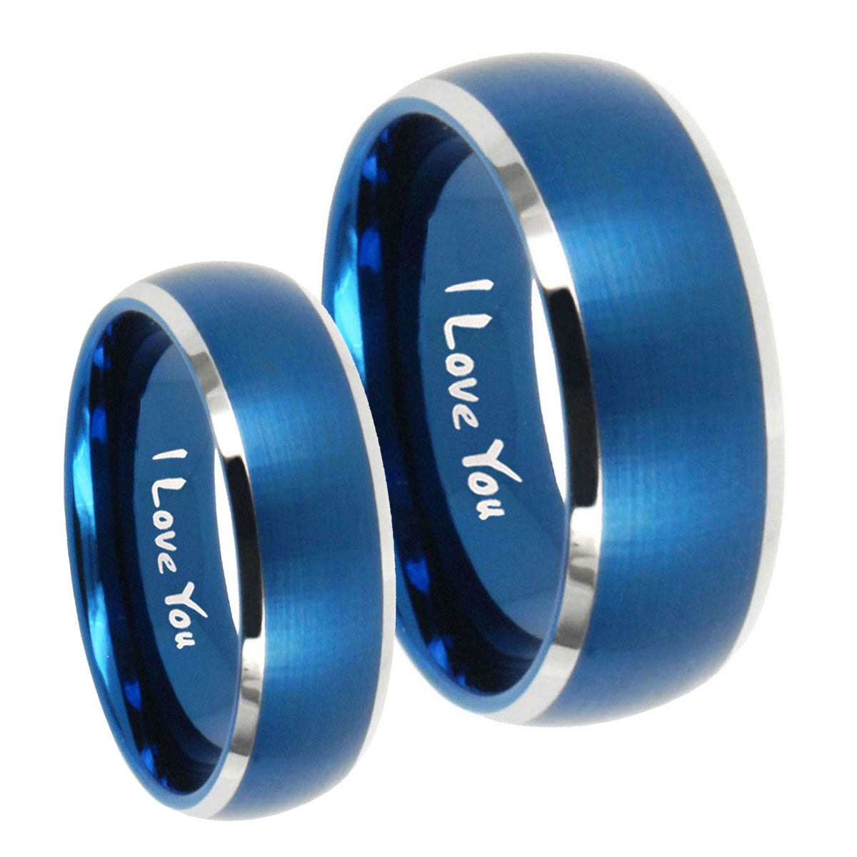 I Love You Dome Brushed Blue 2 Tone Tungsten Wedding Set Ring