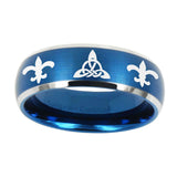 8mm-Celtic-Triangle-Fleur-De-Lis-Dome-Brushed-Blue-2-Tone-Tungsten-Mens-Ring