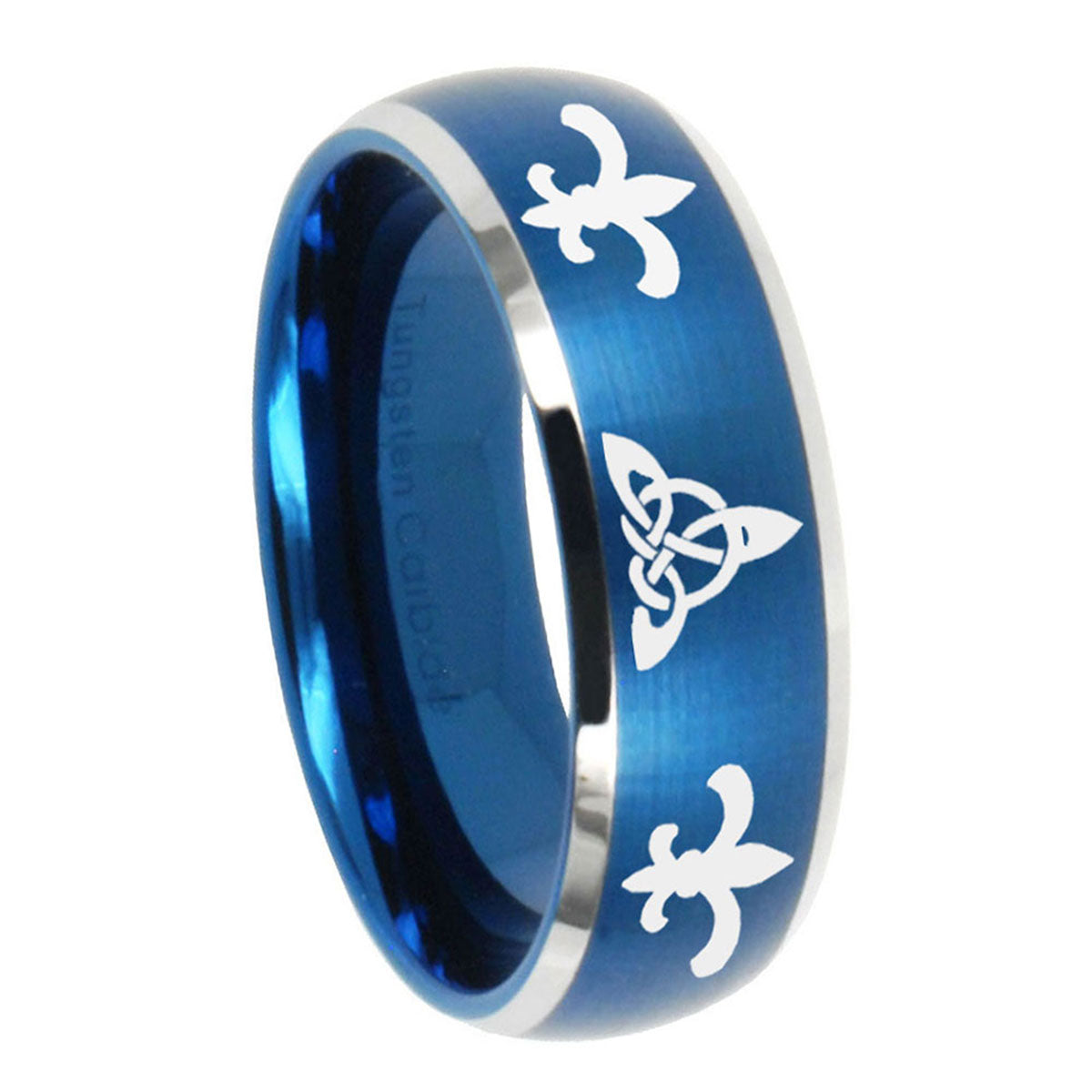 10mm Celtic Triangle Fleur Delis Dome Brushed Blue 2 Tone Tungsten Bands Ring