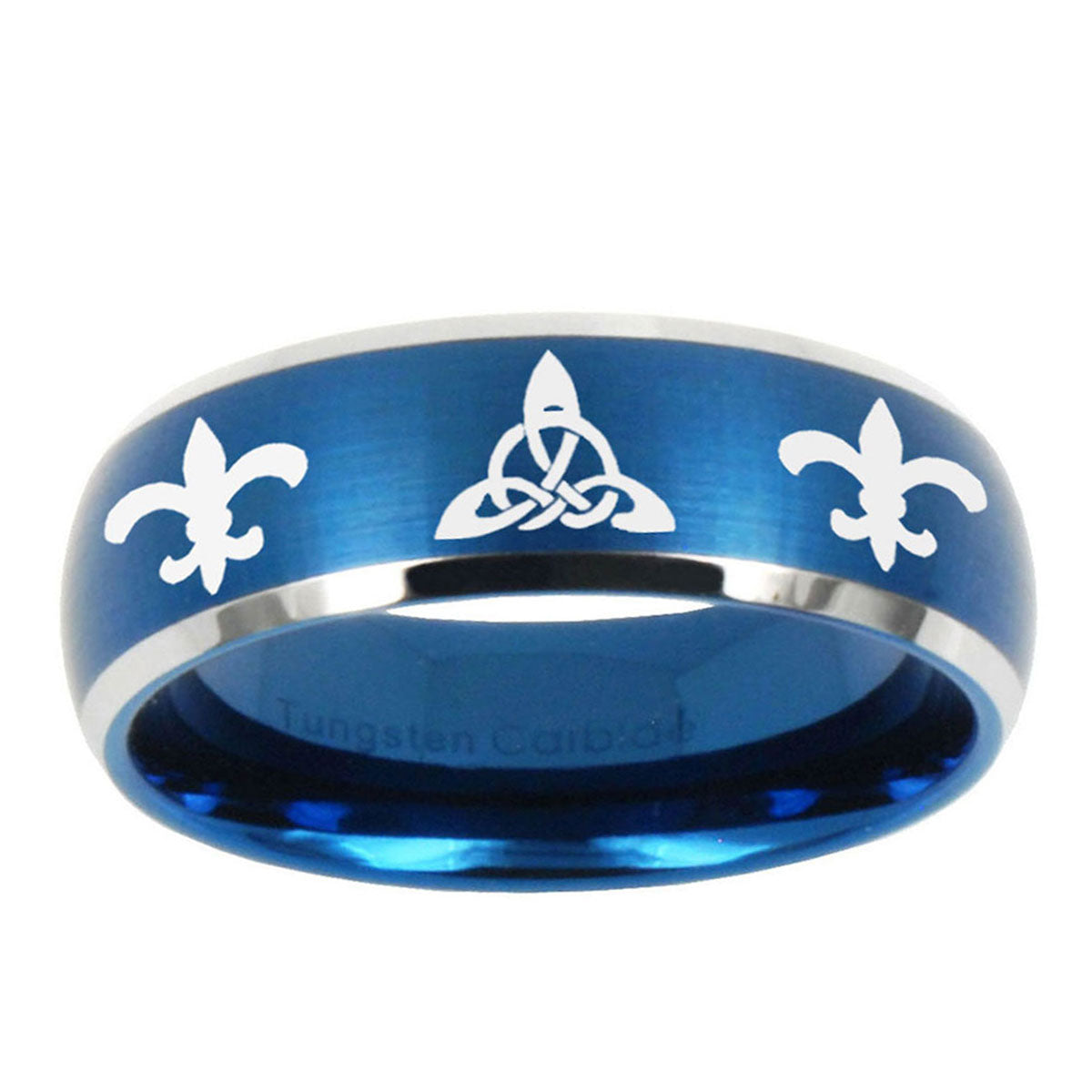 5MMCeltic Triangle Fleur-De-Lis Dome Brush Blue 2 Tone Tungsten Ring