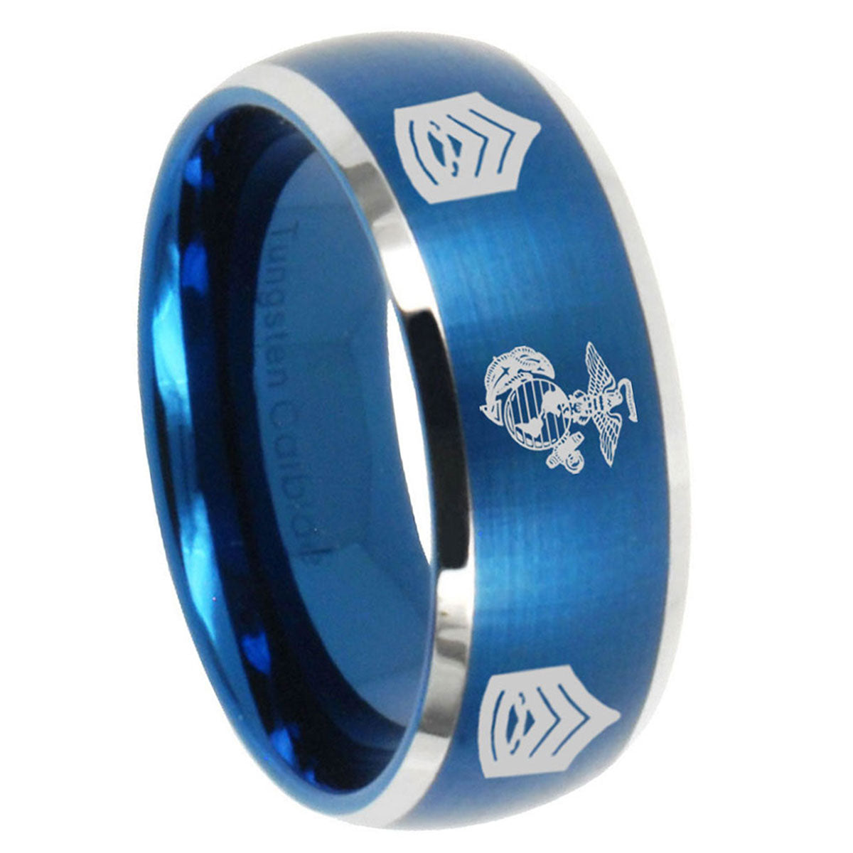 8MM Marine Army Sergeant Dome Brushed Blue 2 Tone Tungsten Ring