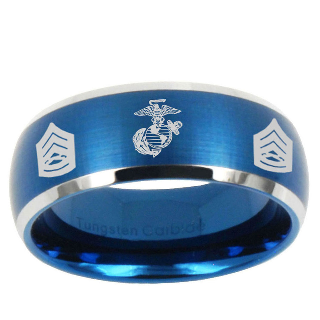 10mm Marine Army Sergeant Dome Brushed Blue 2 Tone Tungsten Ring