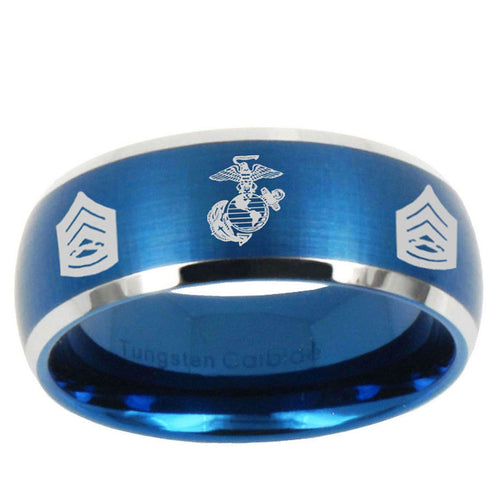 10mm Marine Army Sergeant Dome Brushed Blue 2 Tone Tungsten Ring
