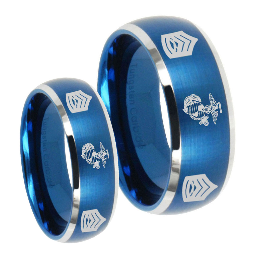 Marine Army Sergeant Dome Brushed Blue 2 Tone Tungsten Mens Set Ring