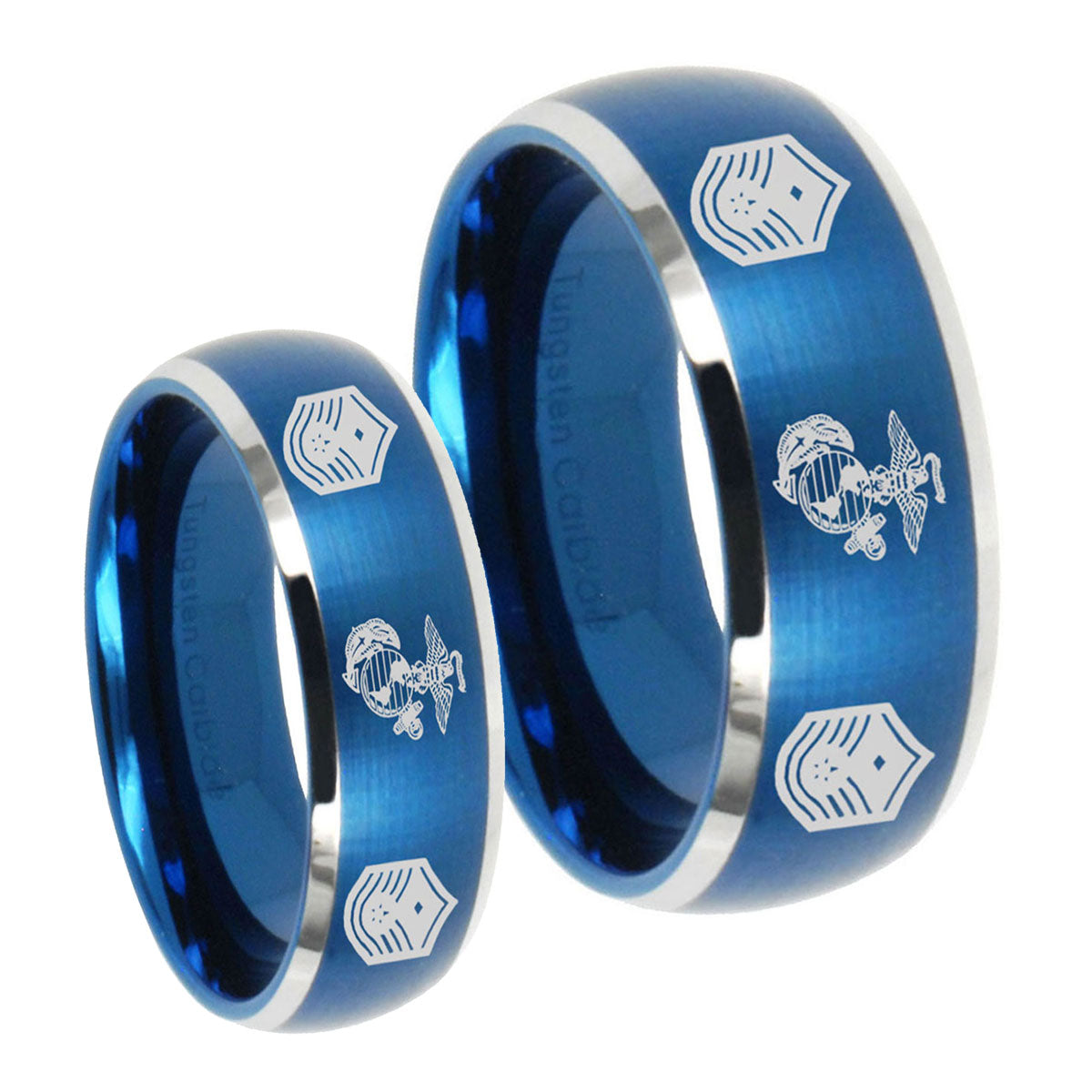 Marine Chief Master Sergeant Dome Brushed Blue 2 Tone Tungsten Bridal Ring Sets
