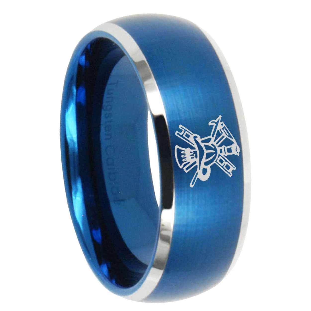 10mm Fireman Dome Brushed Blue 2 Tone Tungsten Carbide Mens Engagement Ring