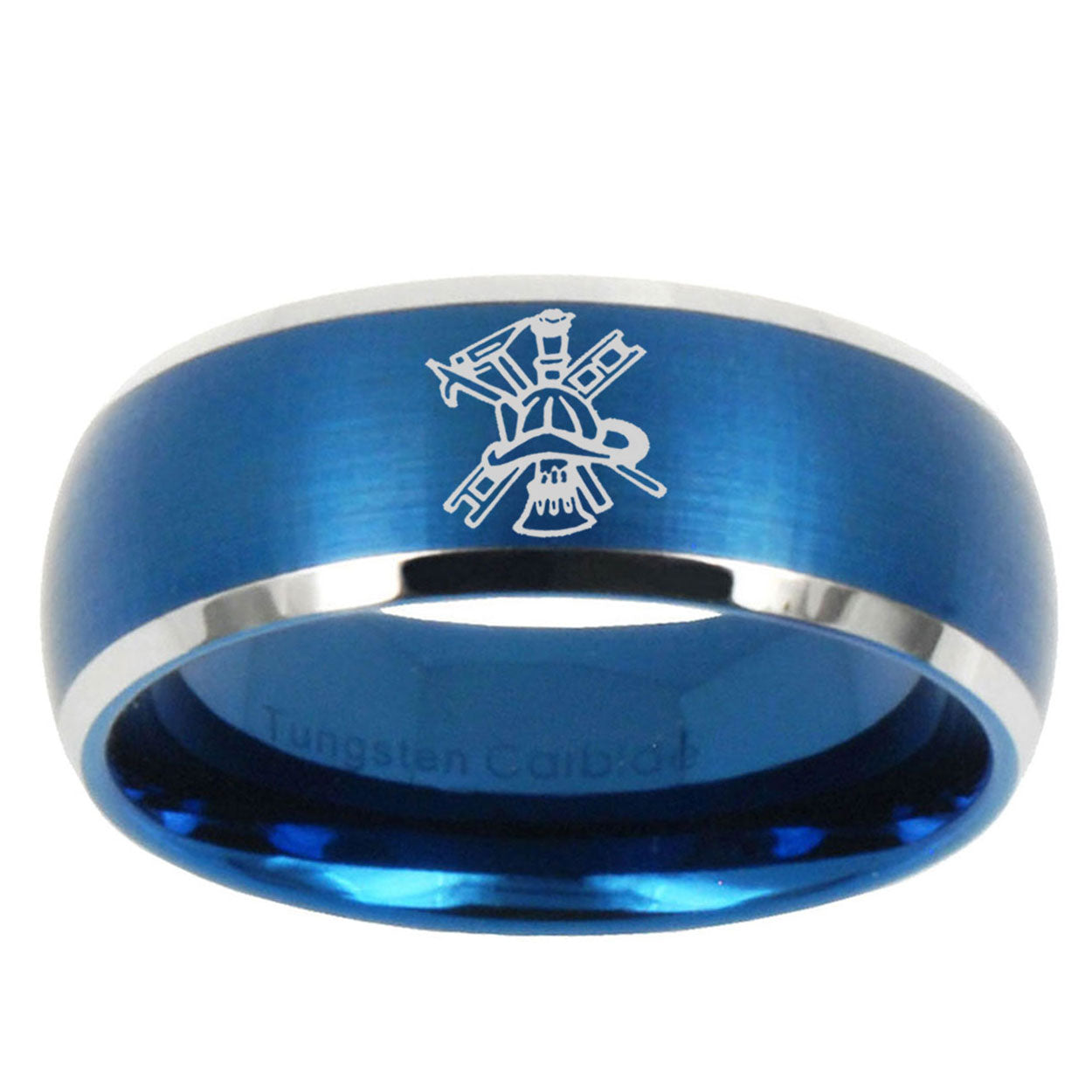 10mm Fireman Dome Brushed Blue 2 Tone Tungsten Carbide Mens Engagement Ring