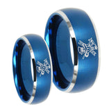 His Hers Fireman Dome Brushed Blue 2 Tone Tungsten Wedding Engagement Ring Set