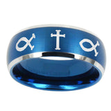 10mm-Fish-&-Cross-Dome-Brushed-Blue-2-Tone-Tungsten-Carbide-Men's-Ring