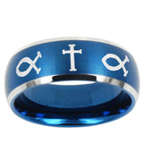5, 8mm Fish & Cross Dome Brushed Blue 2 Tone Tungsten Ring